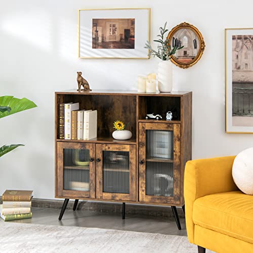 Buffet Sideboard with Storage, Industrial Cupboard, 3 Door Wood Pantry, Credenza with 2 Shelves, Standing Storage Cabinet with Legs, Kitchen Living Room