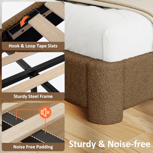 WEUP Queen Upholstered Bed Frame, Brown Cloud Boucle Bed with Headboard, view 5