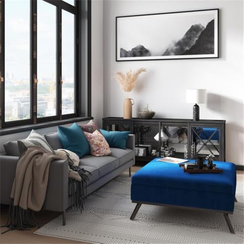 36" Coffee Table Storage Ottoman, Blue Velvet Upholstery, Mid Century Style, Solid Wood Base, Hydraulic Lift-Up Lid with Child Safety Hinge, Large Interior Storage, Living Room Furniture