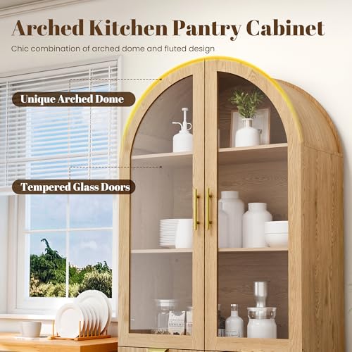 71" Tall Arched Cabinet with Glass Doors, Fluted Kitchen Pantry Cabinet, view 4