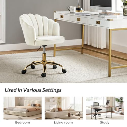 Velvet Home Office Desk Chair with Gold Base, Ivory