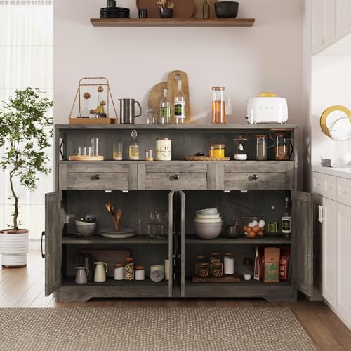 51" Farmhouse Buffet Sideboard with Storage, Kitchen Pantry Cabinet with Storage Drawers, Wood Cupboard Hutch, Coffee Bar Station Table for Kitchen, Living Room, Dining Room, Grey