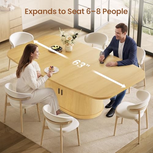 47.2"-63" Extendable Dining Table with Storage Cabinet, Fluted Wood Kitchen Table Seats 4-8, Modern Farmhouse Expandable Dining Room Table for Small Space, Apartment, Home Dining, Oak