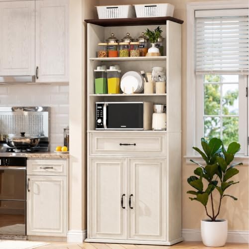 80" Tall Bookcase with Drawer and Doors, Antique White/Walnut, view 7