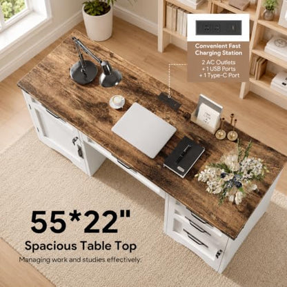 55 Inch Farmhouse Executive Desk with Drawers and Charging Station, view 8