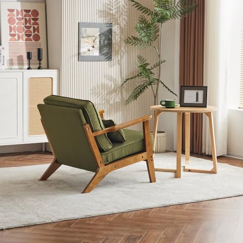 Mid-Century Lounge Accent Chair, Green | Wide Curved Armrest, Linen Fabric, Lumbar Pillow Included, Solid Wood Frame, For Living Room, Bedroom, Balcony, Apartment