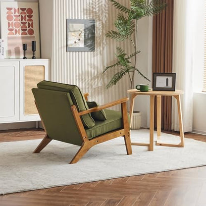 Mid-Century Lounge Accent Chair, Green | Wide Curved Armrest, Linen Fabric, Lumbar Pillow Included, Solid Wood Frame, For Living Room, Bedroom, Balcony, Apartment