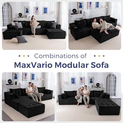129.5" Modular Sectional Sofa Couch, U Shaped Modern Cloud Couch with 2 Ottomans, Sofa in A Box, Tufted 6-Seat Boneless Chair for Living Room, No Assembly Required, Black