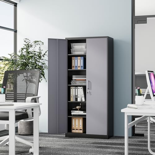 Metal Cabinet Steel Storage Cabinet - 71” Tall File Cabinets with Lockable Doors and 5 Adjustable Shelves Black&Gray Steel Storage Cabinets for Home, School, Office, Garage