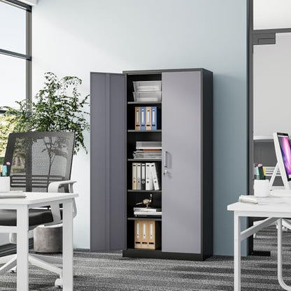 Metal Cabinet Steel Storage Cabinet - 71” Tall File Cabinets with Lockable Doors and 5 Adjustable Shelves Black&Gray Steel Storage Cabinets for Home, School, Office, Garage