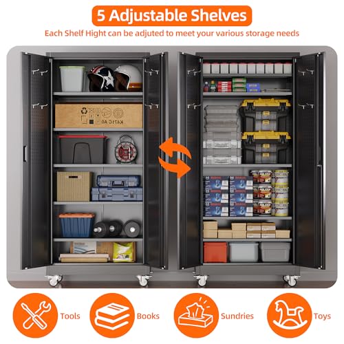 71" Metal Garage Storage Cabinet with Wheels,Pegboard,Lock,5 Shelves, view 7