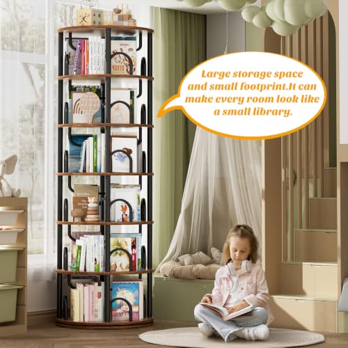6 Tier Rotating Bookshelf Tower, Revolving Bookcase, Rustic Brown, view 4