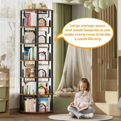 6 Tier Rotating Bookshelf Tower, Revolving Bookcase, Rustic Brown, view 4