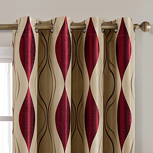 Wave Room Darkening Curtains 52 X 63 Inch Length Burgundy and Beige Set of 2 Panels Bedroom Jacquard Grommet Window Drapes for Living Room