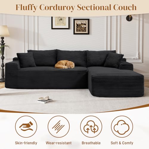 95" L Shaped Boneless Sectional Couches, Wide Armrest, Deep Seat, Memory Foam, Assembly Free, Modern Comfy Corduroy Fluffy Cloud Sofa with Right Chaise for Living Room, Small Spaces, Black