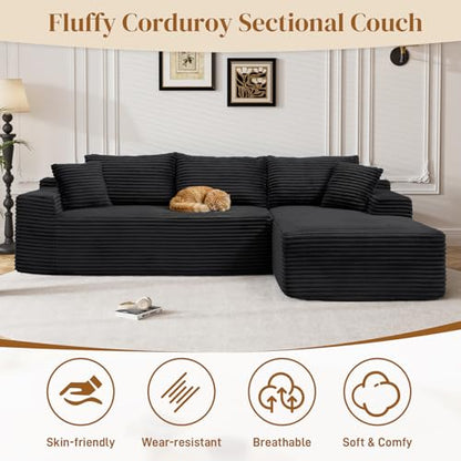 95" L Shaped Boneless Sectional Couches, Wide Armrest, Deep Seat, Memory Foam, Assembly Free, Modern Comfy Corduroy Fluffy Cloud Sofa with Right Chaise for Living Room, Small Spaces, Black