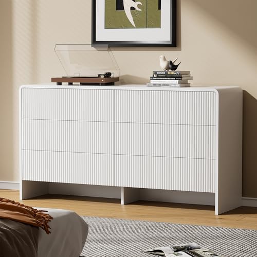 3 Piece Bedroom Dresser Set, 6 Drawer Dresser with 2 Nightstands, Fluted Chest of Drawers with Pop-Up Design, Modern Storage Furniture for Bedroom, Living Room, Entryway, White
