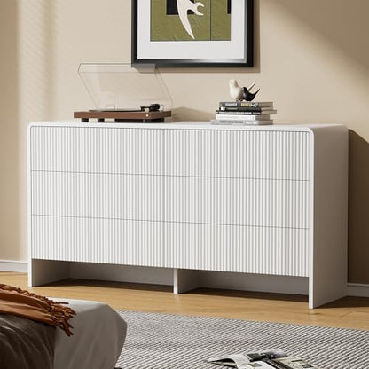 3 Piece Bedroom Dresser Set, 6 Drawer Dresser with 2 Nightstands, Fluted Chest of Drawers with Pop-Up Design, Modern Storage Furniture for Bedroom, Living Room, Entryway, White
