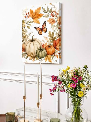 NuYeBiofx Fall Thanksgiving Pumpkin Berry Canvas Wall Art Prints,30"x20" Framed Picture Artwork Autumn Maple Leaves Butterfly Printed Canvas Oil Painting for Living Room Bedroom Office,Ready to Hang