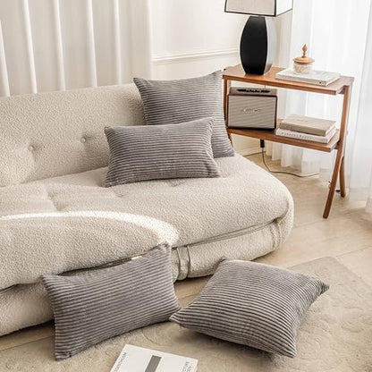 Decorative Throw Pillow Covers 18x18 Inch for Living Room Couch Bed Sofa, Soft Striped Corduroy Square Pillow Covers, Set of 2, 18 x 18, Ash Grey