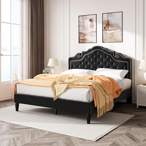 Queen Bed Frame with Adjustable Headboard/Velvet Upholstered/Diamond Button, view 4