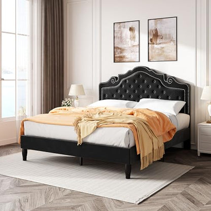 Queen Bed Frame with Adjustable Headboard/Velvet Upholstered/Diamond Button, view 4
