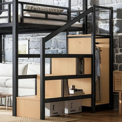 Queen Size Metal Loft Bed Frame with with Canopy Frame & Storage Staircase, view 8