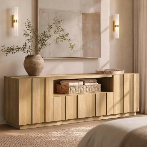 78.7-Inch Fluted TV Stand with Storage for 80-Inch TVs, Natural, view 2