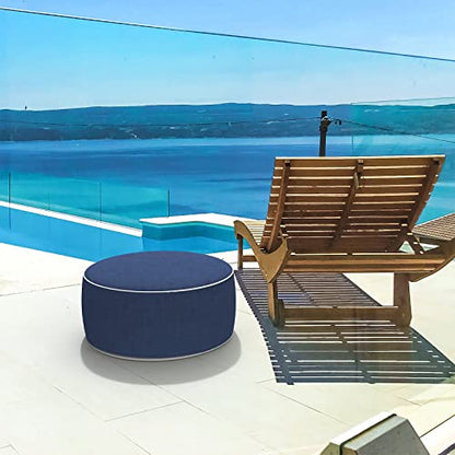 Outdoor/Indoor Inflatable Ottoman, All Weather Water-Repellent Round Footrest Stool with Handle, D21”x H9” Portable Pouf for Patio Garden Camping or Home-Navy Textured