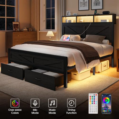 Rustic King Size Bed Frame with Storage Drawers, view 5