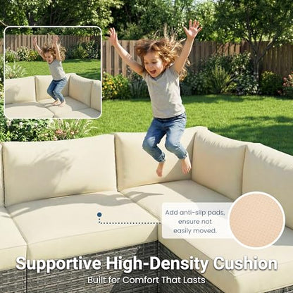 7 Pieces Wicker Outdoor Patio Furniture Set, Patio Sectional Sofa with Coffee Table, All-Weather Outdoor Sectional Furniture for Garden Backyard, Beige