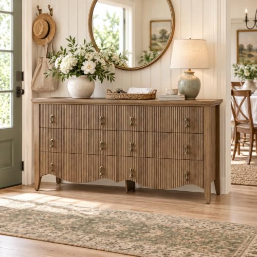 6-Drawer Fluted Dresser, 52" Wide Double Chest of Drawers,Light Oak, view 8