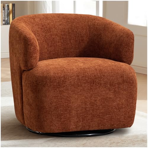Swivel Accent Chair, Upholstered Fabric Barrel Chair Chenille Round Boucle Armchair for Living Room Bedroom, Orange