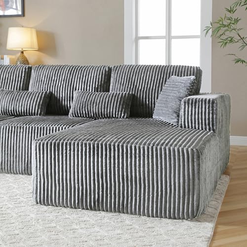 109" Modular L-Shaped Corner Cloud Sofa Corduroy Modular Couches with Deep Seat, 3 Pieces Compressed Boneless Sofa W/Right Chaise Lounge and 4 Pillows for Living Room