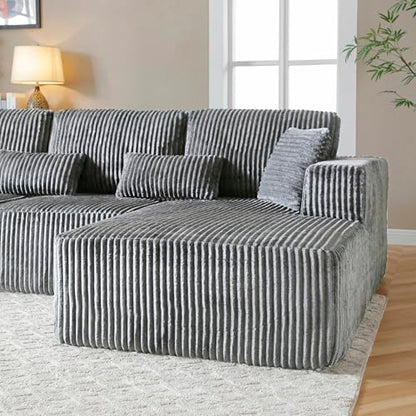 109" Modular L-Shaped Corner Cloud Sofa Corduroy Modular Couches with Deep Seat, 3 Pieces Compressed Boneless Sofa W/Right Chaise Lounge and 4 Pillows for Living Room