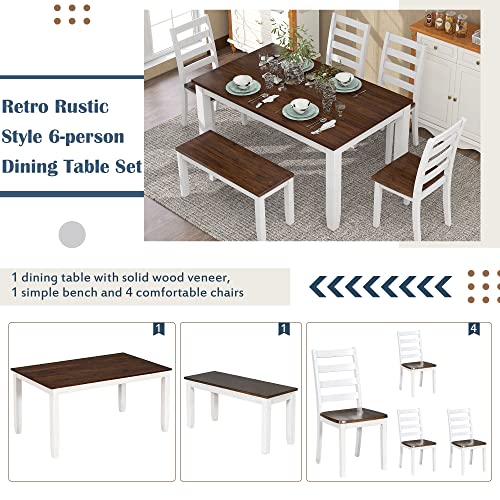 Modern 6 Piece Dining Table Set for 6, Farmhouse Wooden Rectangular Kitchen Table Set with 4 Chairs & a Bench, Kitchen Room Furniture Set (Walnut + Cottage White)