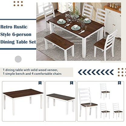 Modern 6 Piece Dining Table Set for 6, Farmhouse Wooden Rectangular Kitchen Table Set with 4 Chairs & a Bench, Kitchen Room Furniture Set (Walnut + Cottage White)