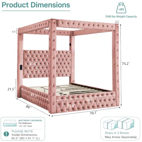 Queen Size Velvet Canopy Bed with Button Tufted Headboard, Pink, view 3