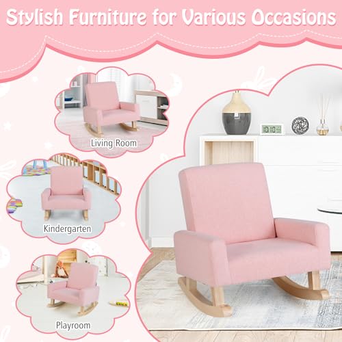 Toddler Rocking Chair, Kids Rocker with Solid Wood Legs & Linen Fabric, Anti-Tipping Design, Toddler Couch for Kids Room, Playroom, Nursery, Bedroom (Pink)