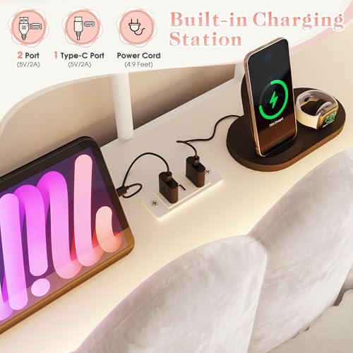 Full Canopy Bed Frame with 2 Drawers and LED & Charging,White, view 5