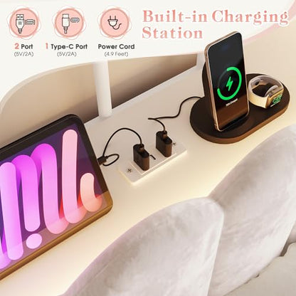 Full Canopy Bed Frame with 2 Drawers and LED & Charging,White, view 5