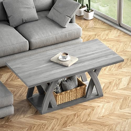 Farmhouse Coffee Table with Shelf, Wood Coffee Table for Living Room, Open Display Area, 47” Grey