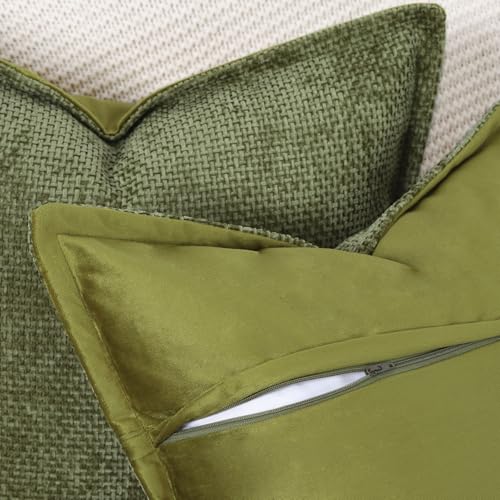 Decorative Chenille Velvet Throw Pillow Covers Set of 2 Soft Boho Textured Neutral Couch Throw Pillow for Bed Modern Farmhouse Home Decor for Sofa Livingroom Moss Green 12x20 Inch