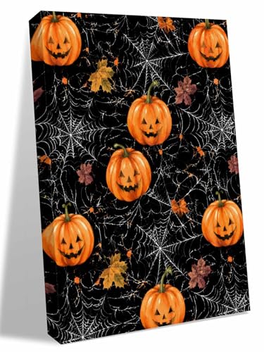 NuYeBiofx Halloween Scary Pumpkins Canvas Wall Art Prints,48"x32" Framed Picture Artwork Spiderwebs on Black Printed Canvas Oil Painting for Living Room Bedroom Office,Ready to Hang
