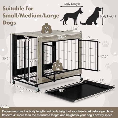 Dog Crate Furniture with Wheels, 38" Modern Dog Cage with 3 Doors, Flip Top Lid, view 8