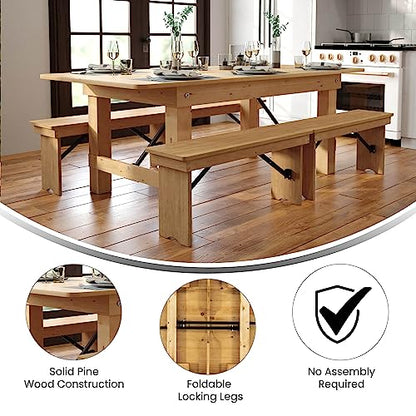 HERCULES 7' x 40" Rectangular Antique Rustic Solid Pine Folding Farm Table, Light Natural