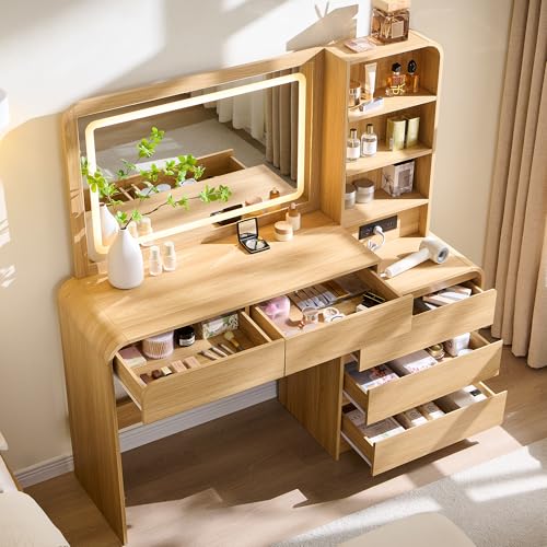50” Modern Vanity Desk with Mirror and Lights with Charging Station Natural, view 4
