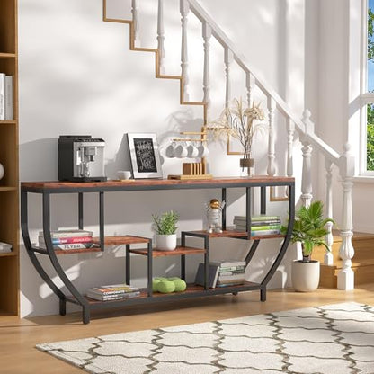 70.86" Extra Long Console Table Sofa Table & Storage Shelves Entryway Table Industrial TV Stand, Metal Frame Behind Couch Table for Foyer, Hallway, Entrance (Brown)