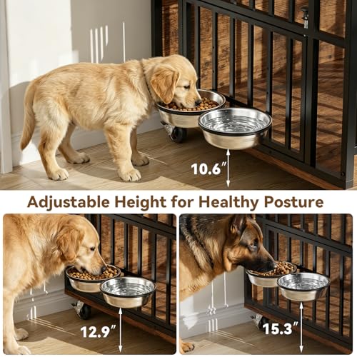 Heavy Duty Large Dog Crate Furniture with 360° Rotatable Bowls & Wheels, view 5