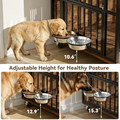 Heavy Duty Large Dog Crate Furniture with 360° Rotatable Bowls & Wheels, view 5